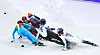 Shim Suk-hee, center, and Choi Min-jeong collide during the women's 1000-meter final at the 2018 PyeongChang Winter Olympics at Gangneung Ice Arena in Gangneung, Gangwon on Feb. 22, 2018. [JOONGANG ILBO]