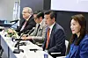 James Kim, second from right, CEO and chairman of Amcham, speaks during a press conference held in western Seoul on Thursday. [AMCHAM]