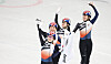 From left, Choi Min-jeong, Seo Whi-min, Lee Yu-bin and Kim A-lang celebrate winning the women's 3,000-meter relay silver medal at the Capital Indoor Stadium on Sunday. [YONHAP]