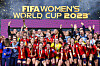 Spain's players and officials celebrate with the 2023 FIFA Women's World Cup trophy after winning the final against England at Stadium Australia in Sydney on Sunday. [AFP/YONHAP]
