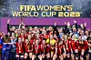 Spain's players and officials celebrate with the 2023 FIFA Women's World Cup trophy after winning the final against England at Stadium Australia in Sydney on Sunday. [AFP/YONHAP]