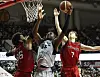 Cady Lalanne of Suwon KT Sonicboom, center, tries a shot against Anyang Korea Ginseng Corporation on Wednesday at Anyang Gymnasium in Anyang, Gyeonggi. [YONHAP]