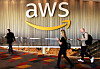 People walk past the Amazon Web Services logo in Las Vegas on November 30, 2017. [REUTERS/YONHAP]