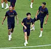From left: Paris Saint-Germain's Neymar, Lee Kang-in and Achraf Hakimi train at Busan Asiad Stadium in Busan on Wedneday ahead of Thursday's preseason game against Jeonbuk Hyundai Motors. [YONHAP]