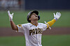 San Diego Padres' Kim Ha-seong reacts after hitting a home run during the first inning of a game against the Pittsburgh Pirates in San Diego on Monday. Kim went deep twice in the 8-4 loss, recording his first big league multihomer and pushing his career MLB best season to 14 long balls as of press time.  [AP/YONHAP]