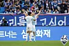 Ulsan Hyundai's Gustav Ludwigson and Lee Myung-Jae celebrate during a K League game against Suwon Samsung Bluewings at Suwon World Cup Stadium in Suwon, Gyeonggi, on Sunday. [YONHAP]