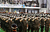 Army recruits salute at a ceremony to mark the completion of boot camp training in Imsil, North Jeolla, on Wednesday. Boot camp completion ceremonies, to which parents and friends are invited, were not held during the Covid-19 pandemic. [YONHAP]