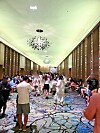 Tourists gather at a lobby in a hotel in Guam last Wednesday, in this photo provided to the JoongAng Ilbo. [JOONGANG ILBO]