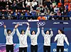 Korea's women's short track speed skating 3,000-meter relay team celebrates its gold medal at the Milano Ice Skating Arena in Milan, Italy, on Feb. 18. From left: Shim Suk-hee, Noh Do-hee, Lee So-yeon, Kim Gil-li and Choi Min-jeong. [YONHAP]