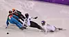 Short track speed skaters Choi-Min-jeong, right, and Shim Suk-hee collide and fall during the 1000-meter race at the PyeongChang 2018 Olympic Winter Games held at the Gangneung Ice Arena in Gangwon on Feb. 22, 2018. [SCREEN CAPTURE]
