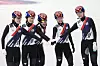 The Korean women's short track speed skating team poses together before training for the 2026 Milano Cortina Winter Olympics at an ice rink in Milan on Feb. 3. [YONHAP]