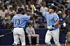 Choi Ji-man of the Tampa Bay Rays, right, celebrates with teammate Manuel Margot after hitting a home run against the New York Yankees during the second inning of a game in St. Petersburg, Florida on Sunday.  [AP/YONHAP]