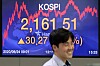 A screen shows closing figures for the Kospi at a trading room in Hana Bank, in Jung District, central Seoul, Wednesday. [YONHAP]