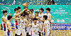 The Korean national U-18 basketball team celebrates winning the FIBA U-18 Asian Championship on Sunday, beating Japan 77-73 in the final at Azadi Basketball Hall in Iran. [YONHAP]