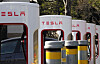 Tesla EVs are being charged up at a Tesla Supercharger station in California on Feb. 27. [EPA/YONHAP]