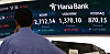 A screen in Hana Bank's trading room in central Seoul shows closing prices of the Kospi and the local currency against the dollar on Thursday. [YONHAP]