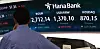 A screen in Hana Bank's trading room in central Seoul shows closing prices of the Kospi and the local currency against the dollar on Thursday. [YONHAP]