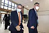 Sung Jung chairman Hyoung Nam-sun, right, and Eastar Jet representative Jeong Jae-sup walk into Seoul Bankruptcy Court in Seocho District, southern Seoul, on Thursday to sign a deal to sell the budget carrier to Sung Jung. [YONHAP]