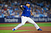 Ryu Hyun-jin of the Toronto Blue Jays pitches in the first inning of a game against the Cleveland Guardians at Rogers Centre in Toronto on Saturday.  [AFP/YONHAP]