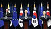 President Yoon Suk Yeol, center, speaks during a joint press briefing with European Commission President Ursula von der Leyen, right, and European Council President Charles Michel after their talks at the presidential office in Yongsan, central Seoul, on Monday. [JOINT PRESS CORPS]
