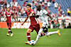 Jeonbuk Hyundai Motors' Modou Barrow, right, fights for the ball with Vissel Kobe's Yutaro Oda during an AFC Champions League quarterfinal match between Vissel Kobe and Jeonbuk Hyundai Motors in Saitama on Monday. [AFP/YONHAP]