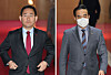 People Power Party floor leader Joo Ho-young, left, and Democratic Party floor leader Park Hong-keun leave their meeting at the National Assembly on Thursday. [YONHAP]