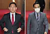 People Power Party floor leader Joo Ho-young, left, and Democratic Party floor leader Park Hong-keun leave their meeting at the National Assembly on Thursday. [YONHAP]