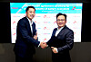 Tony Tao Wu, left, CNGR vice chairman, and Park Kyung-il, SK ecoplant CEO, pose during a signing ceremony held Monday in central Seoul. [SK ECOPLANT]