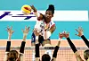 Laetitia Moma Bassoko of the GS Caltex Kixx spikes the ball against the Incheon Heungkuk Life Pink Spiders at Samsan World Gymnasium in Incheon on Tuesday. [YONHAP]