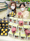Models promote apples and eggs for the health and luck of students who are taking the upcoming College Scholastic Ability Test (CSAT) at Hanaro Mart’s Yangjae branch in Seocho District, southern Seoul, on Thursday. This year’s CSAT is scheduled for Dec. 3. [HANARO MART]