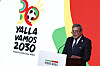Portuguese Football Federation (FPF) President Fernando Gomes speaks during the event promoted by the FPF as part of the vote on the bid for the 2030 World Cup, in Lisbon, Portugal on Wednesday. [EPA/YONHAP]