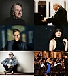 Clockwise from top left: Rudolf Buchbinder; Grigory Sokolov; Alice Sara Ott; John Williams with Anne-Sophie Mutter and the Vienna Philharmonic; Ludovico Einaudi; and Víkingur Ólafsson. [UNIVERSAL MUSIC KOREA]