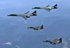 In light of North Korea's escalating military threats, South Korea and the United States agreed last year to increase the rotation of U.S. strategic assets deployed to the Korean Peninsula, such as the two B-1B supersonic bombers at the top of the formation in this photo. [REPUBLIC OF KOREA AIR FORCE]