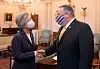 Korean Foreign Minister Kang Kyung-wha, left, and U.S. Secretary of State Mike Pompeo shake hands during a meeting at the State Department in Washington Monday in their first face-to-face talks since February. [FOREIGN MINISTRY]
