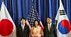 Korean Industry Minister Ahn Duk-geun, far right, U.S. Commerce Secretary Gina Raimondo, center, and Japanese Industry Minister Ken Saito pose before the three countries' inaugural commerce-industry ministerial meeting in Washington on Wednesday. [YONHAP]
