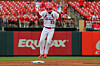 Kim Kwang-hyun of the St. Louis Cardinals celebrates after hitting a two-RBI double against the Arizona Diamondbacks in the second inning at Busch Stadium in St Louis, Missouri on Wednesday. [AFP/YONHAP]