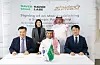 From left in the second row and clockwise, Naver's Chae Seon-ju, president of communications and social responsibility, Saudi Public Transport Company (Saptco) CEO Khalid Alhogail, Naver Cloud's Han Sang-young, head of the global DX & innovation division, Digital Mobility Solutions CEO Ahmed Al Johani and Naver Labs CEO Seok Sang-ok at the signing ceremony on the two companies' partnership in Saudi Arabia on Wednesday. [NAVER]