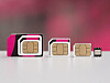 From left, a mini SIM card, a micro SIM card, a nano SIM card and a chip that allows users to download an eSIM. [YONHAP]