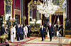 Korean President Moon Jae-in and first lady Kim Jung-sook are ushered in the state banquet hosted by King Felipe VI at the royal palace in Madrid on Tuesday. [BLUE HOUSE]