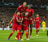 Liverpool's Sadio Mane, second from left, celebrates with teammates after scoring the second goal of a UEFA Champions League semifinal match against Villarreal at Anfield in Liverpool on Wednesday. [XINHUA/YONHAP]