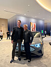 Nvidia CEO Jensen Huang, right, and Mercedes-Benz Chairman Ola Kallenius pose for a photo with the Mercedes CLA after the two hold a private meeting at the CES 2026 in Las Vegas on Jan. 6. [SARAH CHEA]