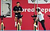 Kim Min-jae trains on a bike on the sidelines of a national team training session at Al Egla Training Site in Doha, Qatar, on Thursday. Kim has been dealing with discomfort in his calf since Korea's first match against Uruguay on Nov. 24. [YONHAP]