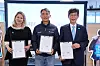Game publisher Wemade signed an agreement with Unicef and Unicef Korea for the long-term sponsorship deal at the Unicef headquarters in Geneva, Switzerland, on Friday. From left are: Carla Haddad Mardini, director of Unicef’s private fundraising and partnerships division; Chang Hyun-guk, CEO of Wemade; and Lee Ki-cheol, the secretary general of Unicef Korea. [WEMADE]
