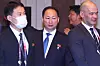 North Korea’s ambassador to Indonesia and the Asean region, An Kwang-il, center, attends the Asean Regional Forum in Jakarta, Indonesia, on Friday. [YONHAP]