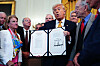 U.S. President Donald Trump displays his signed bill during a signing ceremony for The Halt All Lethal Trafficking of Fentanyl Act in the East Room of the White House in Washington on July 16. [EPA/YONHAP]