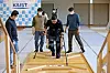 Kim Byeong-uk, who is paralyzed, walks over obstacles with an exoskeleton developed by a KAIST team and Yonsei University’s Severance Hospital during a Cybathlon competition held in Daejeon on Wednesday. The international competition was supposed to take place in May in Switzerland, but it was postponed due to the Covid-19 pandemic. [YONHAP]