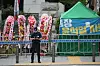 In front of the Supreme Prosecutors' Office building in Seocho-dong, Gangnam District of Seoul, flowers sent by the people to express their supports for Prosecutor General Yoon Seok-youl stand next to a protesters' tent demanding Yoon's resignation on June 29, 2020. [YONHAP]