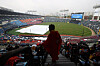 Fans wait for Game 1 of the Wildcard Series between the LG Twins and the Kiwoom Heroes to start amid pouring rain at Jamsil Baseball Stadium in southern Seoul on Nov. 1. The game was ultimately canceled and rescheduled for Monday at 6:30 p.m. [YONHAP]