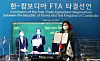 Trade Minister Yoo Myung-hee, far right, poses for a photo with Pan Sorasak, center, minister of commerce of the Royal Government of Cambodia, Wednesday during online FTA negotiations. [YONHAP]