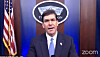 U.S. Defense Secretary Mark Esper delivers remarks via teleconference for an event hosted by the International Institute for Strategic Studies on Tuesday. [SCREEN CAPTURE]